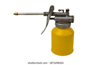 Yellow colored oiler with hand pump isolated on white