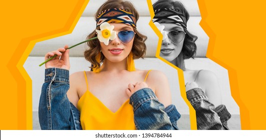 yellow colorful stylized collage of pretty woman in summer style wearing sunglasses, sunny day, stylish apparel fashion trend, blue jeans jacket, yellow dress, elegant hipster earrings