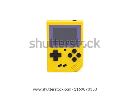 Yellow coloured mini handheld video game console. Front view.
