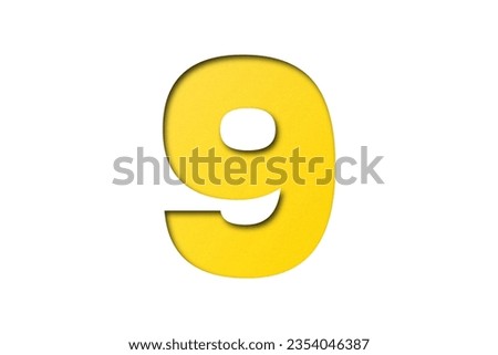 Yellow confetti font number 9 isolated on white background.