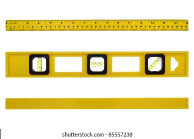 Yellow Construction Bubble Spirit Level Tool Featuring Inch And Metric Ruler With Different Views From Above And Underneath Isolated On White