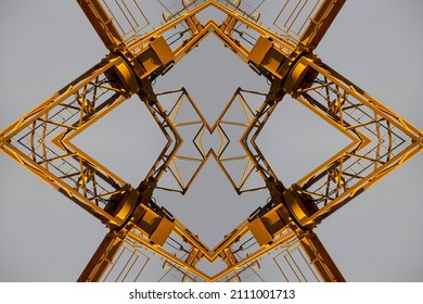 Yellow Construction Crane Mirrored Abstract Background, Braga, Portugal.