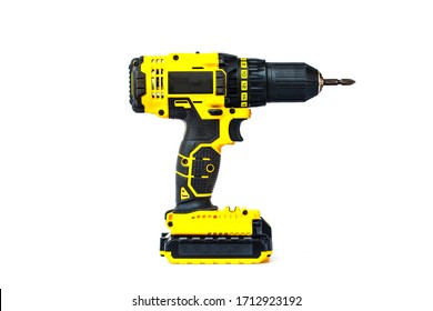 The yellow cordless battery powered drill isolated on white background.