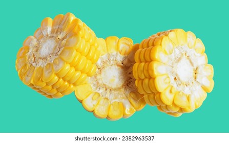 Yellow corn isolated with clipping path, no shadow in green background