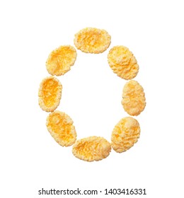 Yellow Cornflakes Letter O Or Number 0 Zero Isolated On White Background. Alphabet Cereal Flakes