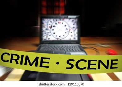 A Yellow Crime Scene Tape Across A Computer Laptop On A Table In A Dimly Lit Room For The Concept Of Cyber Attack By Anonymous Hackers Under Investigation.