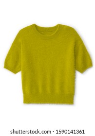 Yellow Cropped Fuzzy Short Sleeve Sweater On White Background