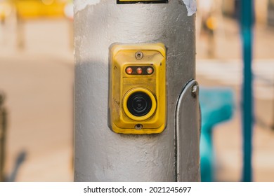 Yellow Cross Walk Push Button Installed On A Pole With Red Stop Red Light And. Pedestrians. City. Walk. Click. Transport. Transportation. Safety