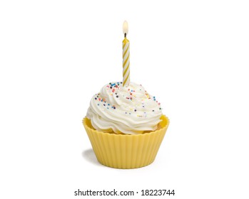 Yellow Cupcake With Candle On White Background