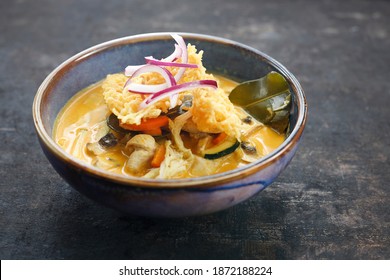 Yellow Curry, A Traditional Thai Dish. Appetizing Dish, Served On A Plate, Food Styling, Culinary Photography.