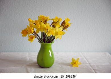 Yellow Daffodils In Green Vase