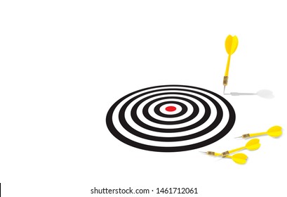 Yellow dart miss out the target with many darts lay down on the white floor, do not miss the best oppotunity concept, great oppotunity do not come everyday do your best concept