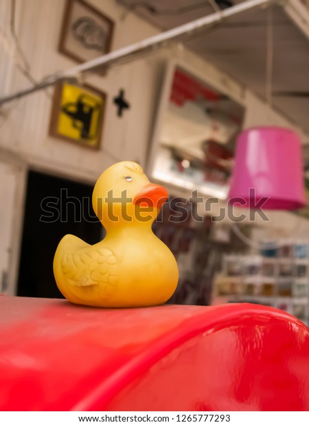 The yellow duck doll is placed on the red lid\
of the postal in front of the\
house.