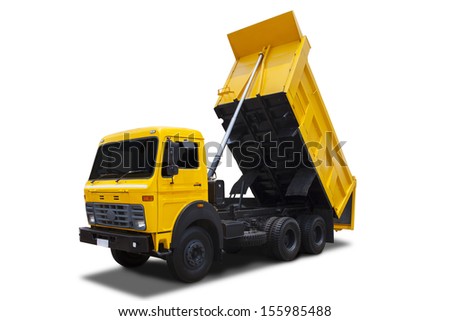 Yellow dump truck with shadow isolated on white background