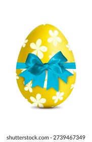 Yellow Easter egg with pattern and bow isolated on white