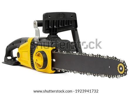 Yellow electric chain saw, isolated on white background