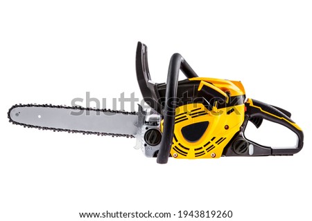 Yellow electric chain saw, isolated on white background