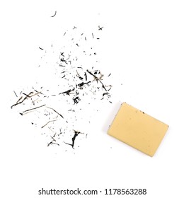 Yellow Eraser With Shavings Isolated On White Background, Top View