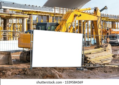 Yellow Excavator Working On Dirty Construction Site Steel Fence White Mock-up