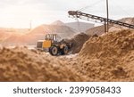 Yellow Excavator working on sand industrial quarry. Construction site industry banner concept.