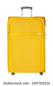 Yellow Fabric Travel Suitcase With Zipper, Handle And Lock White Background Isolated Close Up Front View, Large Cloth Baggage Case, Big Textile Luggage Trolley Bag, Summer Holidays, Tourism, Vacation