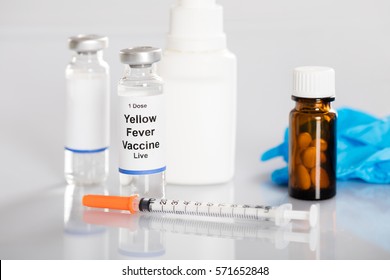 Yellow Fever Vaccine In Vial With Syringe And Medicines