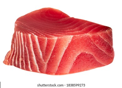 Yellow Fin Tuna Steak Isolated On White Background. Fresh Rare Steak Isolated On White. Raw Yellowfin Tuna Fillet Texture. Background Fresh Tuna Meat. Top View Of Slices Of Tuna Meat.