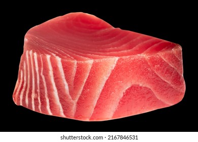 Yellow fin tuna steak isolated on black background. Fresh rare tuna steak isolated. Raw yellowfin tuna fillet texture. Background fresh fish meat. Top view of slices of tuna meat. - Shutterstock ID 2167846531