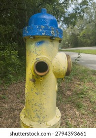 Yellow fire hydrant with missing caps, damaged urban infrastructure, Florida, USA