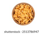 Yellow fish crackers on isolated white background.