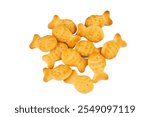 Yellow fish crackers on isolated white background.