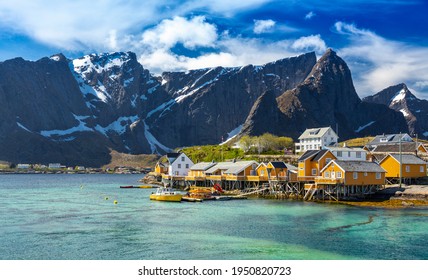 Yellow Fishing hut (rorbu) in the Hamnoy Islands - Sakrisoy (Sakrisoya) Reine, Hamnoy, Moskenes, Lofoten islands, Norway
