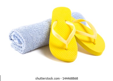 yellow flip flop shoes and towel isolated on white background - Powered by Shutterstock