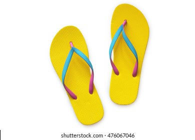 Yellow Flip Flops Isolated On White Background. Top View