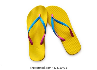 Yellow Flip Flops Isolated On White Background. Top View