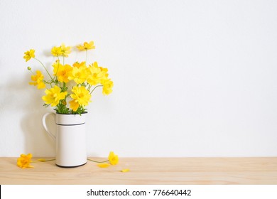 Yellow Flower Bouquet In Vase On Table With Copy Space