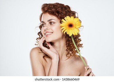 Yellow Flower Curly Hair Nude Shoulders Stock Photo 1438660469