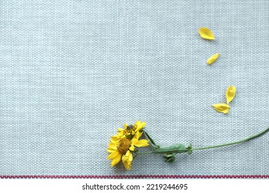 A Yellow Flower Lies On A Woven Fabric With An Embroidery Element. Heliopsis. Wicker Basket Texture. Rattan. Acrylic Fabric For Awnings.