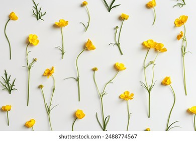 Yellow flowers Buttercup with long stem and green leaves on white background, minimal style monochrome aesthetic floral flat lay photo. Beautiful nature still life with wildflowers, copy space - Powered by Shutterstock