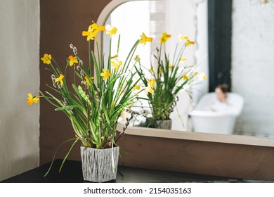 Yellow Flowers Near Mirror In Bathroom With Enjoing Young Woman, Treat Yourself