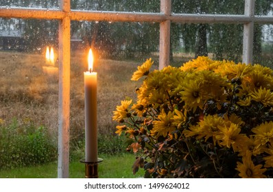 Yellow Flowers On The Window Against The Backdrop Of The Rain  And Candle Light. Yellow September Concept.