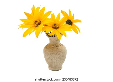 Yellow Flowers In A Vase On A White Background