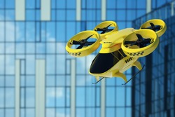 Yellow Flying Taxi Against The Sky, City Electric Transport Drone. Car With Propellers, Clean Air, Fast Ride. Mixed Media, Copy Space