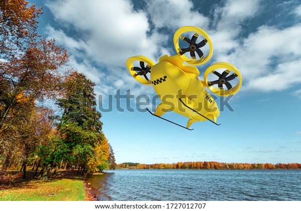 Yellow flying taxi against the sky, city electric\
transport drone. Car with propellers, clean air, fast ride. Mixed\
media, copy space