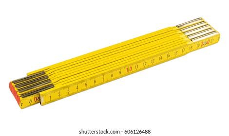 yellow folding rule measuring tool isolated on white background