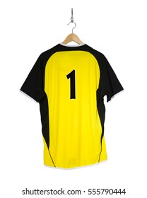 Yellow Football Shirt Number One Hanging On Hook And Isolated On White Background