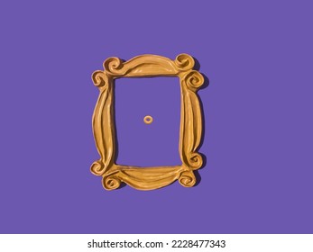 Yellow frame from the friends tv show which was used around Monica's peephole on the door. Purple wall. Picture frame. Friends television show frame	 - Shutterstock ID 2228477343