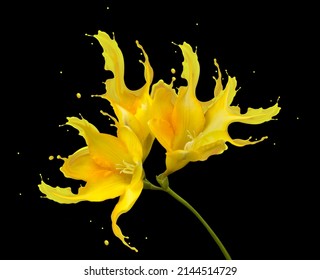 Yellow freesia  with yellow splashes on black background. Liquid flower - Shutterstock ID 2144514729