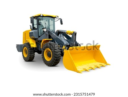 Yellow Front Wheel Loader Isolated on White Background. Loading Shovel. Manufacturing Equipment. Pneumatic Truck. Tractor Front End Loader. Heavy Equipment Machine. Side View Industrial Vehicle