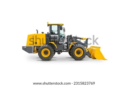 Yellow Front Wheel Loader Isolated on White Background.   Loading Shovel. Manufacturing Equipment. Pneumatic Truck. Tractor Front End Loader. Heavy Equipment Machine. Side View Industrial Vehicle.